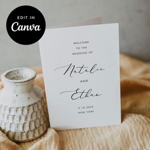 折り畳み式の結婚式プログラム、印刷可能な式次第、ミニマリストな結婚式、CANVAで編集可能なテンプレート、すぐにダウンロード可能 5.5x8.5 #006WP