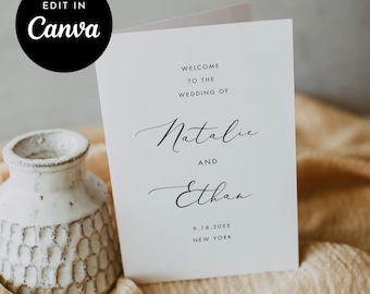 Folded Wedding Program, Printable Order of Service, Minimalist Wedding Ceremony, Editable Template in CANVA, Instant Download 5.5x8.5 #006WP