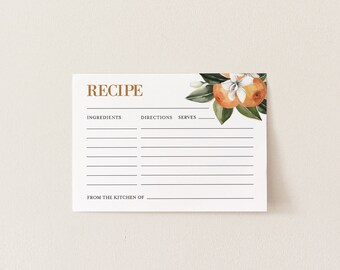 Orange Recipe Card Template, Printable Citrus Bridal Shower Recipe Insert, DIY Recipe, Editable, Instant Download, Corjl #017-206RC