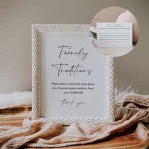 Cartello e biglietto "Family Traditions", baby shower minimalista, gender-neutral, modello CANVA, modificabile, stampabile, download immediato #030BAG55