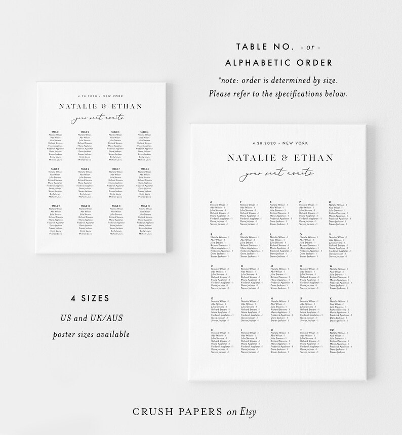 Seating Chart Poster Template Alphabetic / Table No. Order Etsy Canada