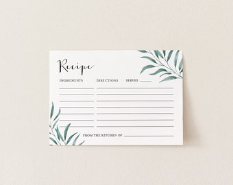 Greenery Recipe Card, Bridal Shower Invitation Insert, DIY Wedding Shower Recipe Template, Printable, INSTANT DOWNLOAD, Corjl #007-204RC