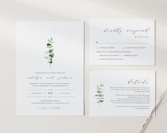 Eucalyptus Wedding Invitation Set, Minimalist Greenery Wedding Invite, RSVP & Details, Editable Template, Instant Download, Corjl #020A