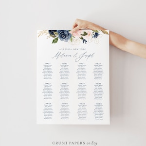 Seating Chart Template, Alphabetic and Table No. Order, Navy & Blush Floral, Editable Text, Instant Download, Corjl, 4 Sizes #002-202SC