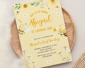 Bee Birthday Invitation, Honey Bee 1st Birthday Party Invite, Cute Bumblebee, Summer Birthday, CANVA Template, Instant Download #026-106BD