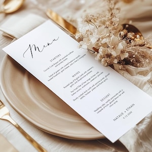 Minimalistyczny szablon menu weselnego, menu kolacji do druku, nowoczesne menu na wieczór panieński, edytowalne, natychmiastowe pobranie, CANVA 4x9, 5x7 #006-206WM