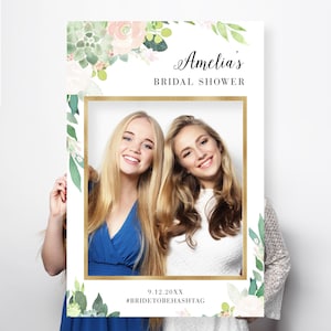 Photo Prop Frame, Blush Floral Bridal Shower Selfie Sign, Wedding Photo Cutout, Editable Template, CANVA, Instant Download, 24x36 #001PP