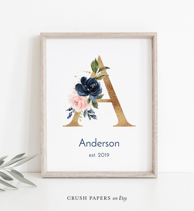 INSTANT DOWNLOAD #002M-A Baby Shower Gift Personalized Gift Family Name Print Baby Name Art Navy Floral A Monogram 1st Anniversary