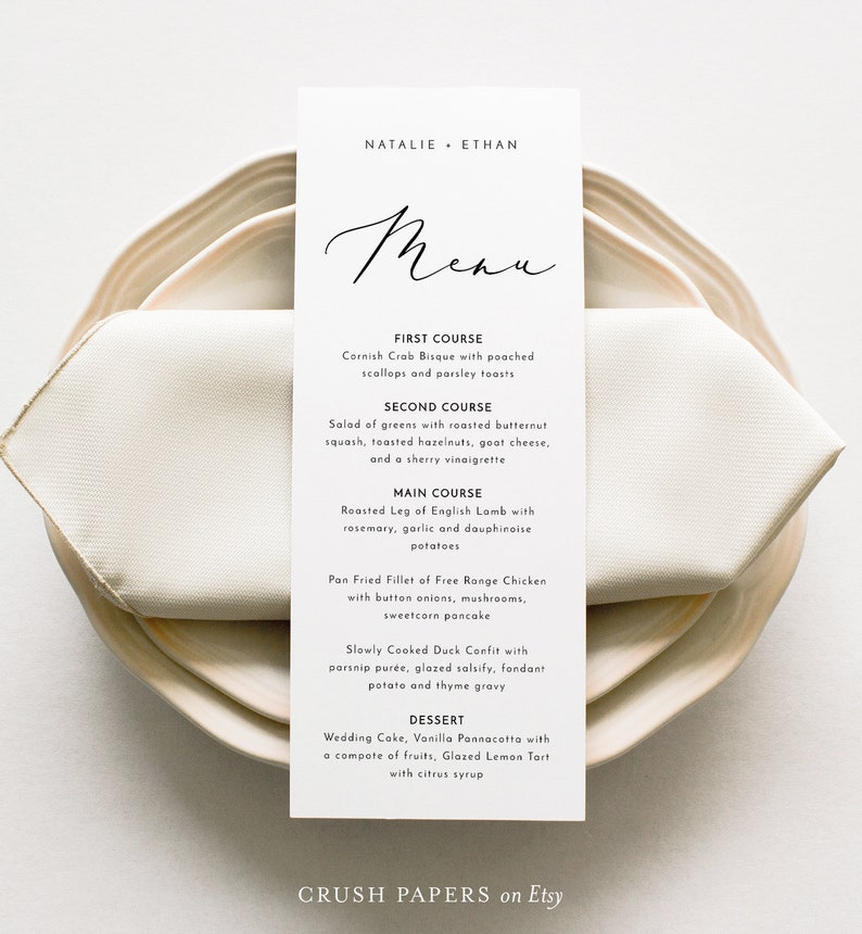 Minimalist Wedding Menu Template, Printable Dinner Menu, Modern Bridal Shower Menu, 100% Editable, INSTANT DOWNLOAD, Corjl 006-206WM image 1