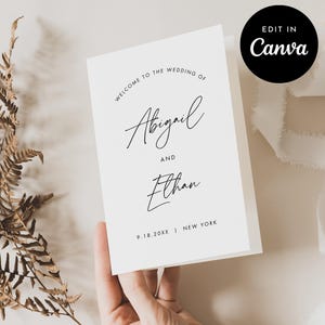 Gefaltetes Hochzeitsprogramm, druckbare Dienstordnung, moderne minimalistische Zeremonie, bearbeitbare Vorlage in CANVA, Sofort-Download 5.5x8.5 #030Whe