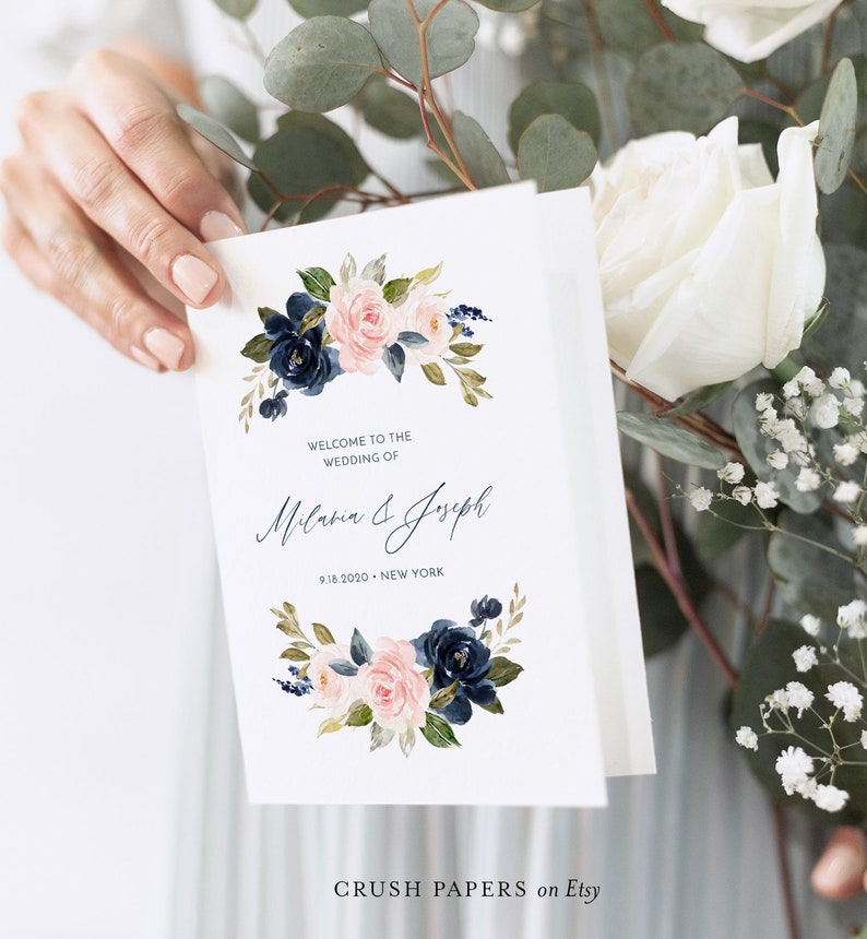 Printable Folded Program Navy /& Blush Wedding Ceremony Corjl #002-401WP Order of Service Wedding Program Template INSTANT DOWNLOAD
