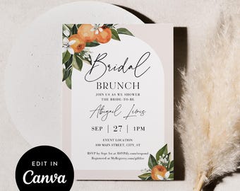 Invito per brunch nuziale, arancione, agrumi, cutie, mandarino, modello CANVA, download immediato #017BS3