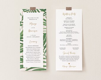 Tropical Palm Wedding Program Template, Printable Minimalist Beach Order of Service, 100% Editable Text, Instant Download, Corjl #008-211WP