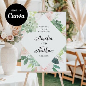 Modèle de plaque de bienvenue verdure, affiche de bienvenue de mariage succulent, modifiable sur CANVA, téléchargement immédiat 18 x 24, 24 x 36 #001WS