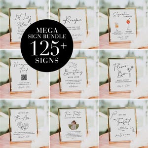 Könnte beinhalten: Eine Sammlung von gerahmten Schildern mit goldenen Rändern, die verschiedene Hochzeitsbotschaften in eleganter schwarzer Schrift zeigen. Ein zentraler schwarzer Kreis zeigt "MEGA SIGN BUNDLE 125+ SIGNS."