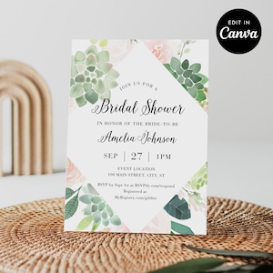Succulent Bridal Shower Invitation Template, Greenery & Blush Florals, Wedding Shower, Editable in CANVA, Instant Download, 5x7 #001BS
