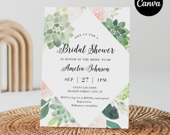 Succulent Bridal Shower Invitation Template, Greenery & Blush Florals, Wedding Shower, Editable in CANVA, Instant Download, 5x7 #001BS