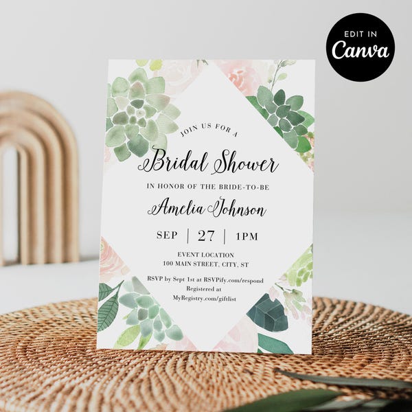 Succulent Bridal Shower Invitation Template, Greenery & Blush Florals, Wedding Shower, Editable in CANVA, Instant Download, 5x7 #001BS