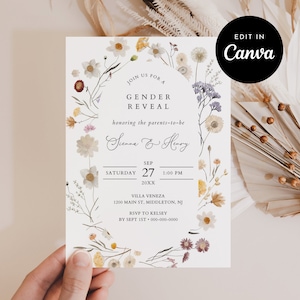 Wildblumen Gender Reveal Einladungsvorlage, Boho Floral Gender Reveal Invite, bearbeitbar in CANVA, Sofort-Download #022-101GR