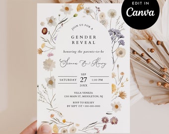 Wildflower Gender Reveal Invitation Template, Bohemian Floral Gender Paryt Invite, Editable in CANVA, Instant Download #022-101GR