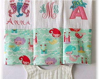 Personalized Embroidered  Burp Cloths, Bibs, Mermaid Birthday girl gift , Baby Girl shower gift set of 4