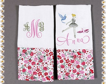 Personalized Ballerina Burp Cloths, Bibs,  Embroidered Birthday girl gift , Baby Girl shower gift, set of two