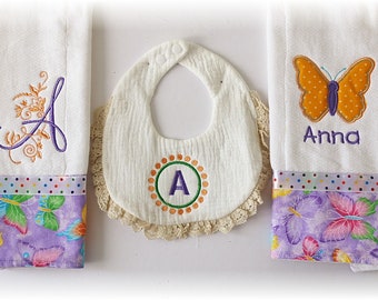 Butterfly Personalized  Burp Cloths, nursery Bibs, Embroidered Birthday girl gift , Baby Girl shower gift