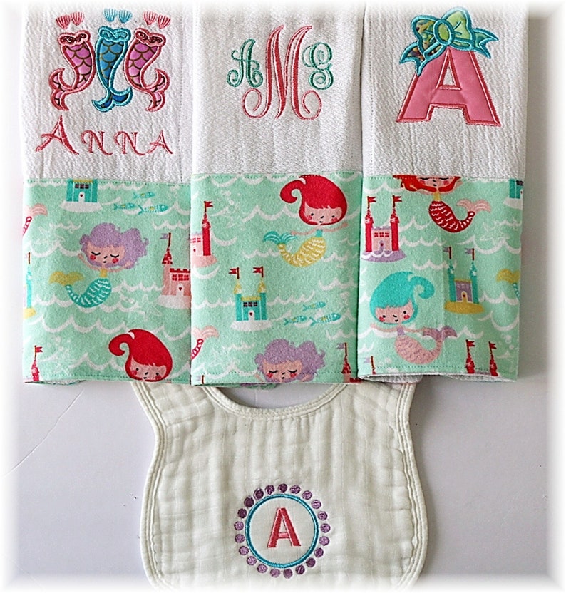 Personalized Custom Embroidered Mermaid Burp Cloths, Bibs, Birthday
