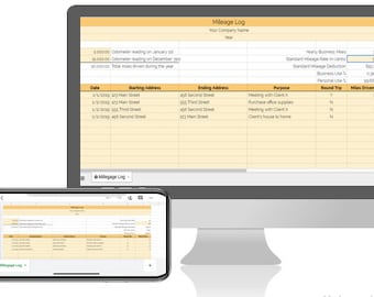Puede incluir: Una pantalla de computadora y un teléfono móvil muestran una hoja de cálculo con un registro de kilometraje. La hoja de cálculo incluye columnas para la fecha, la dirección de inicio, la dirección final, el propósito, el viaje de ida y vuelta y los kilómetros recorridos. La hoja de cálculo también incluye una sección para los kilómetros comerciales anuales, la tarifa de kilometraje estándar, la deducción de kilometraje estándar, el uso comercial y el uso personal.