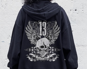 Black Full Zip up Oversized Skull Skeleton Hoodie Goth