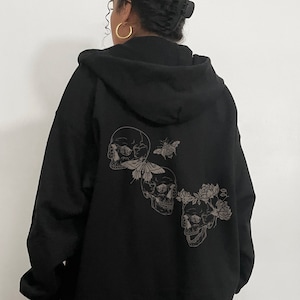 Grunge Y2K Full Zip Up Oversized Hoodie Dark Academia Skeleton Hoodie Skull Sweatshirt Alt Hoody Edgy Clothes Goth Gothic Punk Clothing Y2k