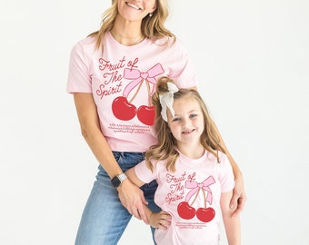 Kids Christian Shirt Fruit of the Spirit Shirt Cherry Pink Bow Christian Coquette Shirt Mommy & Me Bible Verse Jesus Shirt Momma And Me