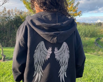 Schwarzer Full Zip Up Hoodie Y2k Hoodie Angel Wings Hoodie Übergroßer Strass Hoodie Y2k Kleidung Goth Grunge Hoodie Emo Kleidung Gothic Kleidung