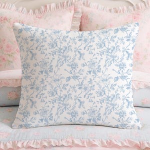 Coquette Room Decor Throw Pillow Blue Floral Toile Decorative Pillow for Dorm Girl Decor Housewarming Gift for Her Grand Millennial