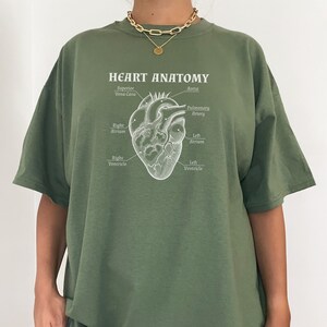Könnte beinhalten: Ein grünes Oversize-T-Shirt mit einer weißen Grafik eines Herzens mit anatomischen Beschriftungen. Der Text auf dem Shirt lautet "HEART ANATOMY".