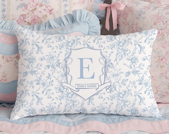 Monogram Pillow Custom Name Personalized Toile Lumbar Throw Pillow Preppy Sorority Grandmillennial Blue Girl Room Dorm Room Decor For Teens