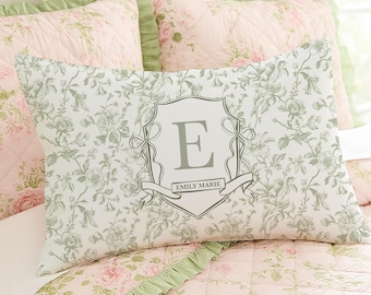 Custom Monogram Name Pillow Olive Sage Toile Lumbar Pillow Personalized Baby Nursery Gift Girls Dorm Room Decor For Teens Grandmillennial