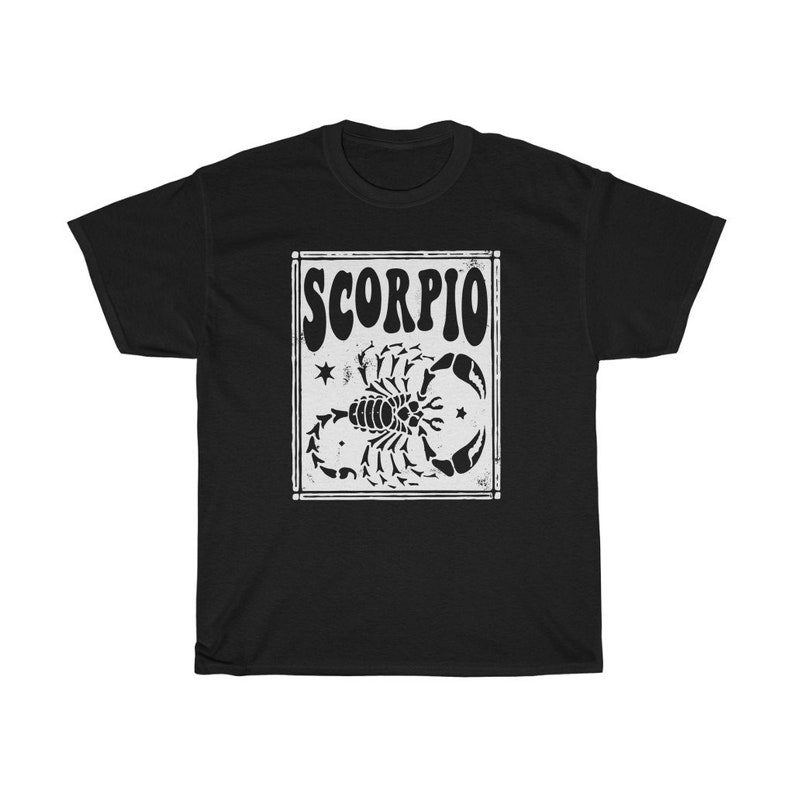 May include: Black t-shirt with a white graphic of a scorpion and the word "SCORPIO" in a retro font.