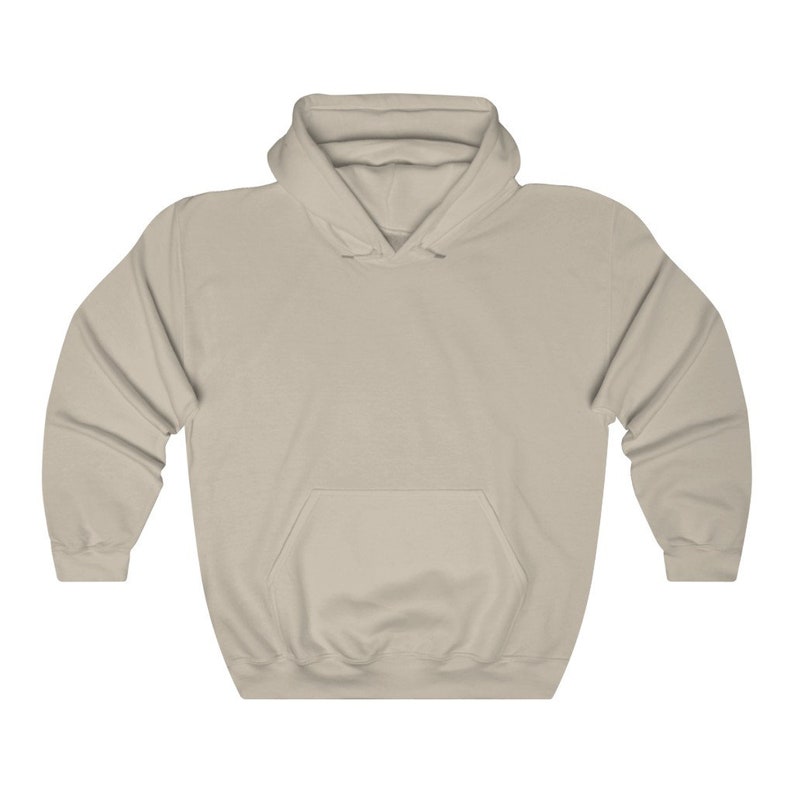 May include: A plain, light beige hoodie with a pouch pocket on the front. The hoodie has a drawstring hood.