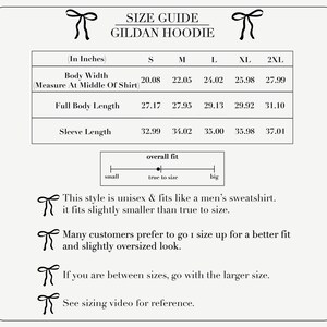 May include: Size chart for Gildan hoodies in inches. The chart shows measurements for body width, full body length, and sleeve length for sizes S, M, L, XL, and 2XL. The chart also includes a note that the style is unisex and fits like a men's sweatshirt, but fits slightly smaller than true to size.