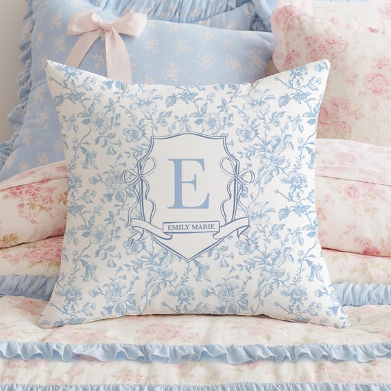 Custom Name Monogram Pillow Personalized Gift Blue Toile Pillow Girl Dorm Decor College Coquette Preppy Room Pet Pillow Grandmillennial