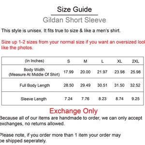 May include: Size chart for a Gildan short sleeve shirt. The chart shows measurements in inches for body width, full body length, and sleeve length. Sizes range from S to 2XL.