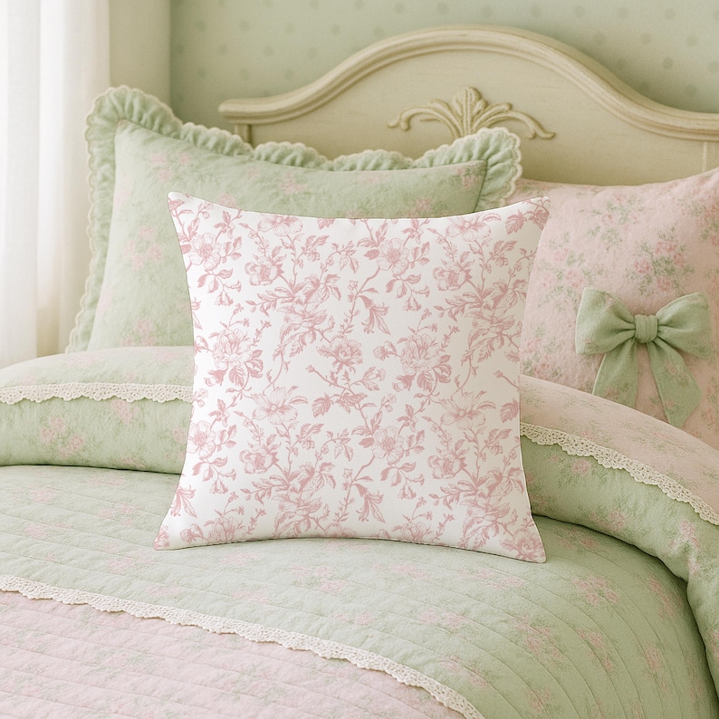 May include: A square pillow with a white background and a pink floral pattern is centered on a bed. The bed has a green and pink floral patterned comforter and pillows. A green bow is on a pillow to the right.