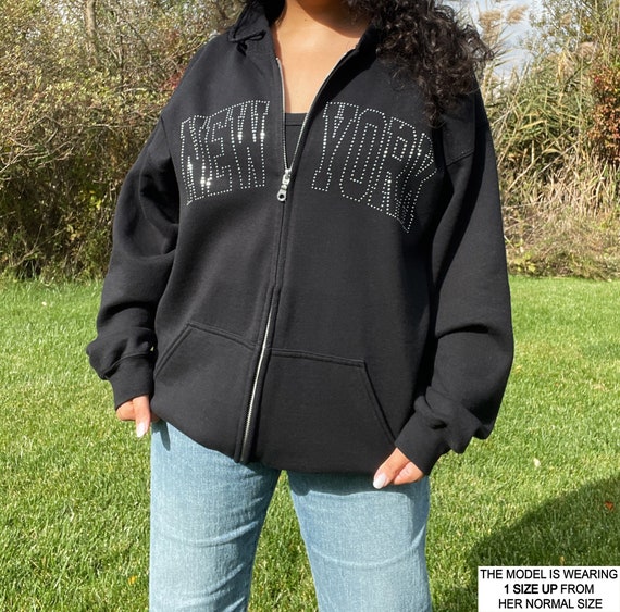 Downtown Girl Clothes New York Sweatshirt Nyc Black Full Zip up Hoodie Y2k Jacket Clothes Oversized Hoodie Brown Hoodie Rhinestone Hoodie Etsy
