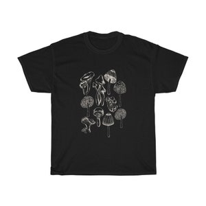 May include: Black t-shirt with a white graphic of various mushrooms.