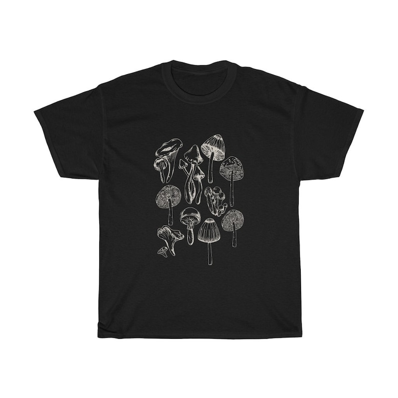 May include: Black t-shirt with a white graphic of various mushrooms.