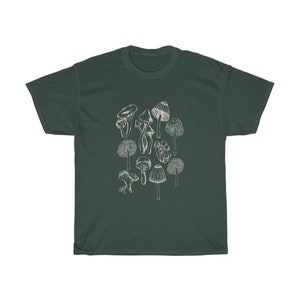 May include: A dark green t-shirt with a white outline drawing of various mushrooms.