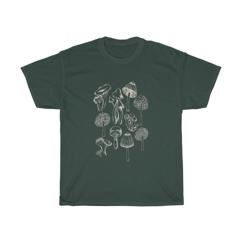 May include: A dark green t-shirt with a white outline drawing of various mushrooms.