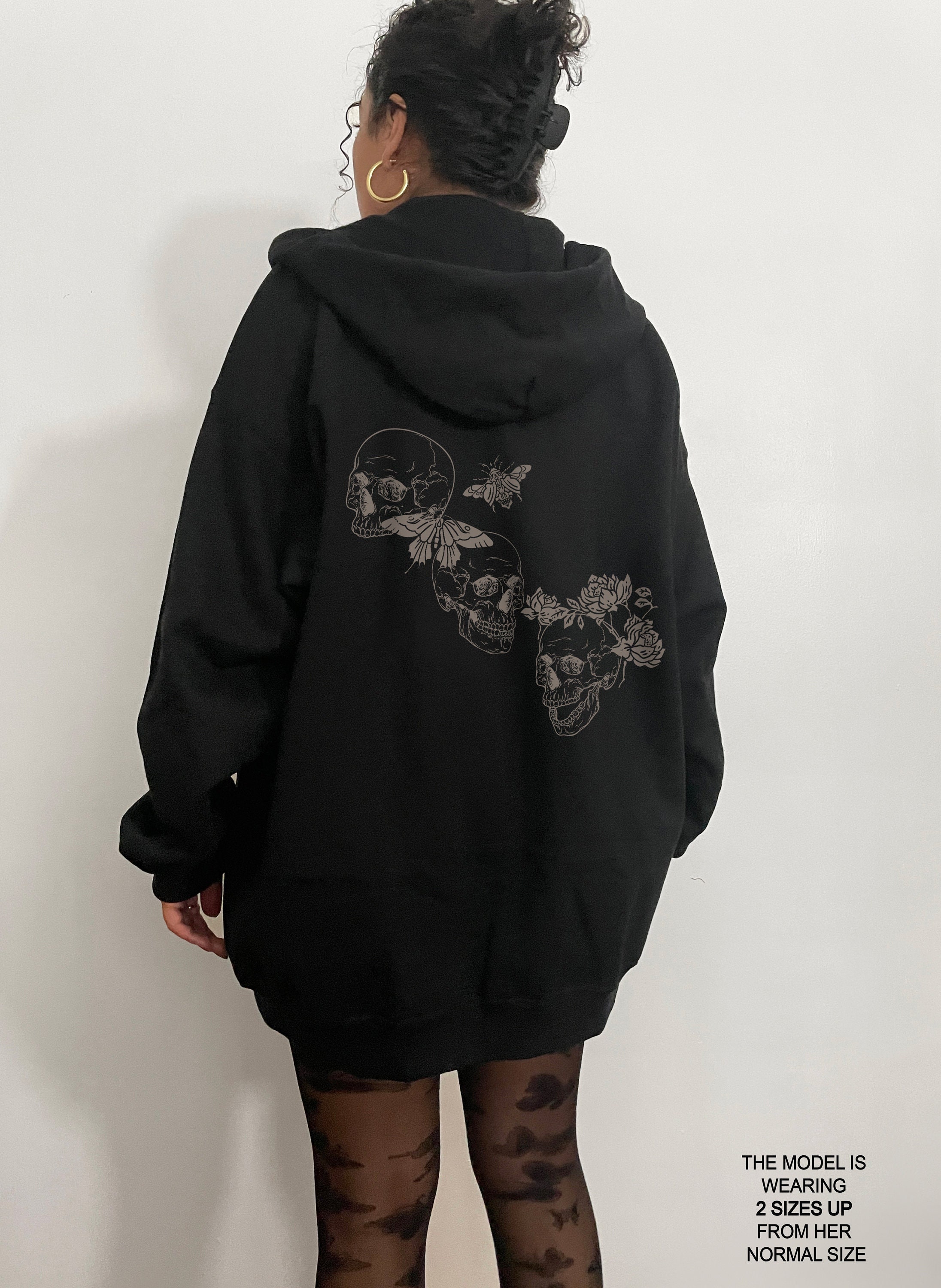 Grunge Y2K Full Zip up Oversized Hoodie Dark Academia Skeleton ...