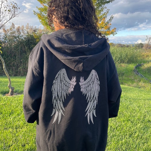 Black Full Zip up Hoodie Y2k Hoodie Angel Wings Hoodie Oversized